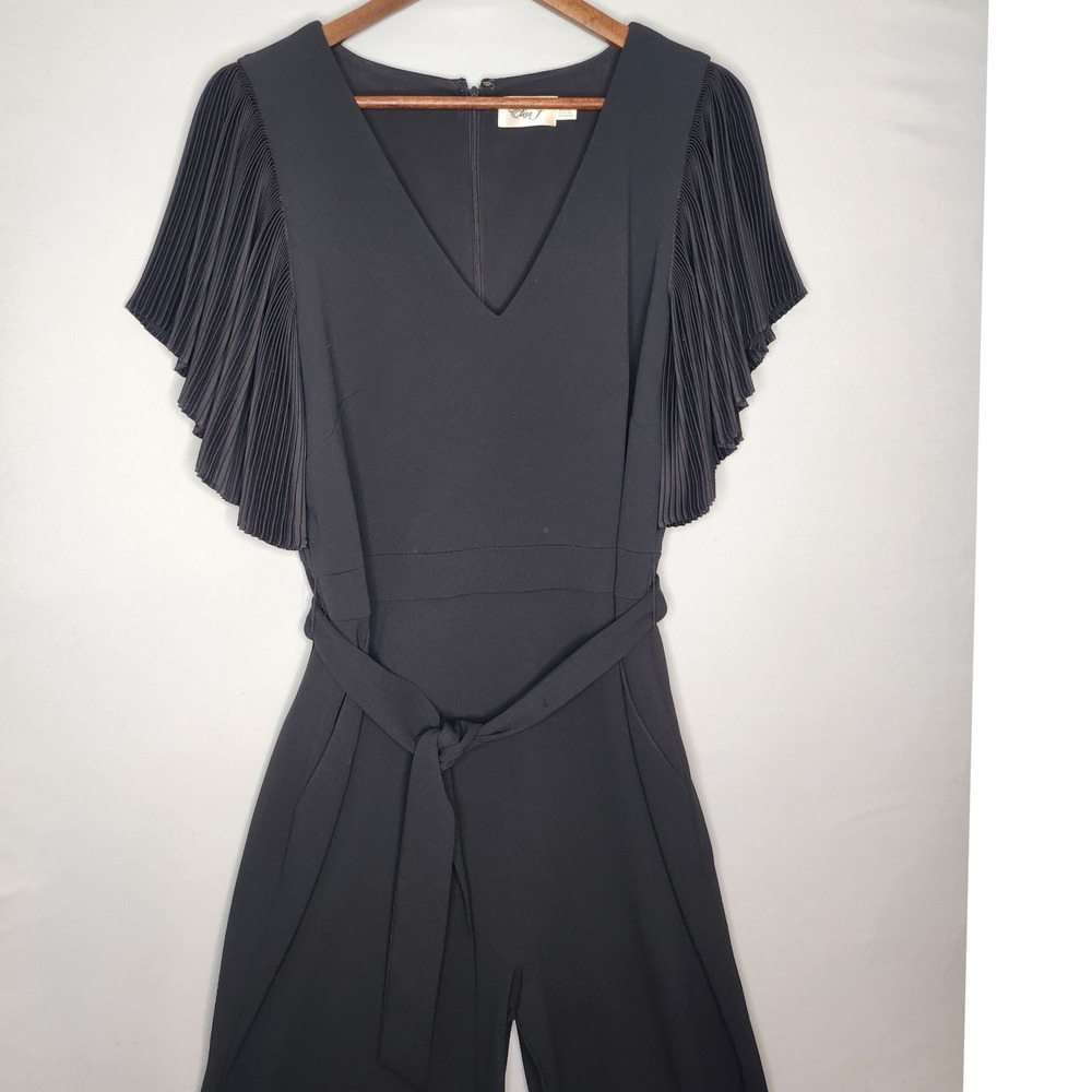 Eliza J Pleated Flutter Sleeve Belted V Neck Jumpsuit Black 14 Party Wedding - Picture 5 of 10